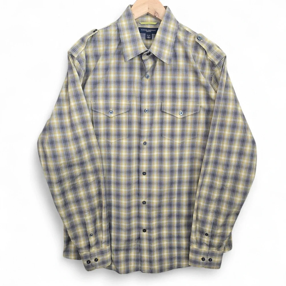 Banana Republic Shirt Mens Large 16-16.5 Yellow Plaid Button Up Slim Fit‎ Casual